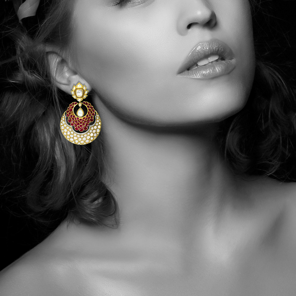Red Stone Pachi Chandbali Earrings with Polkis